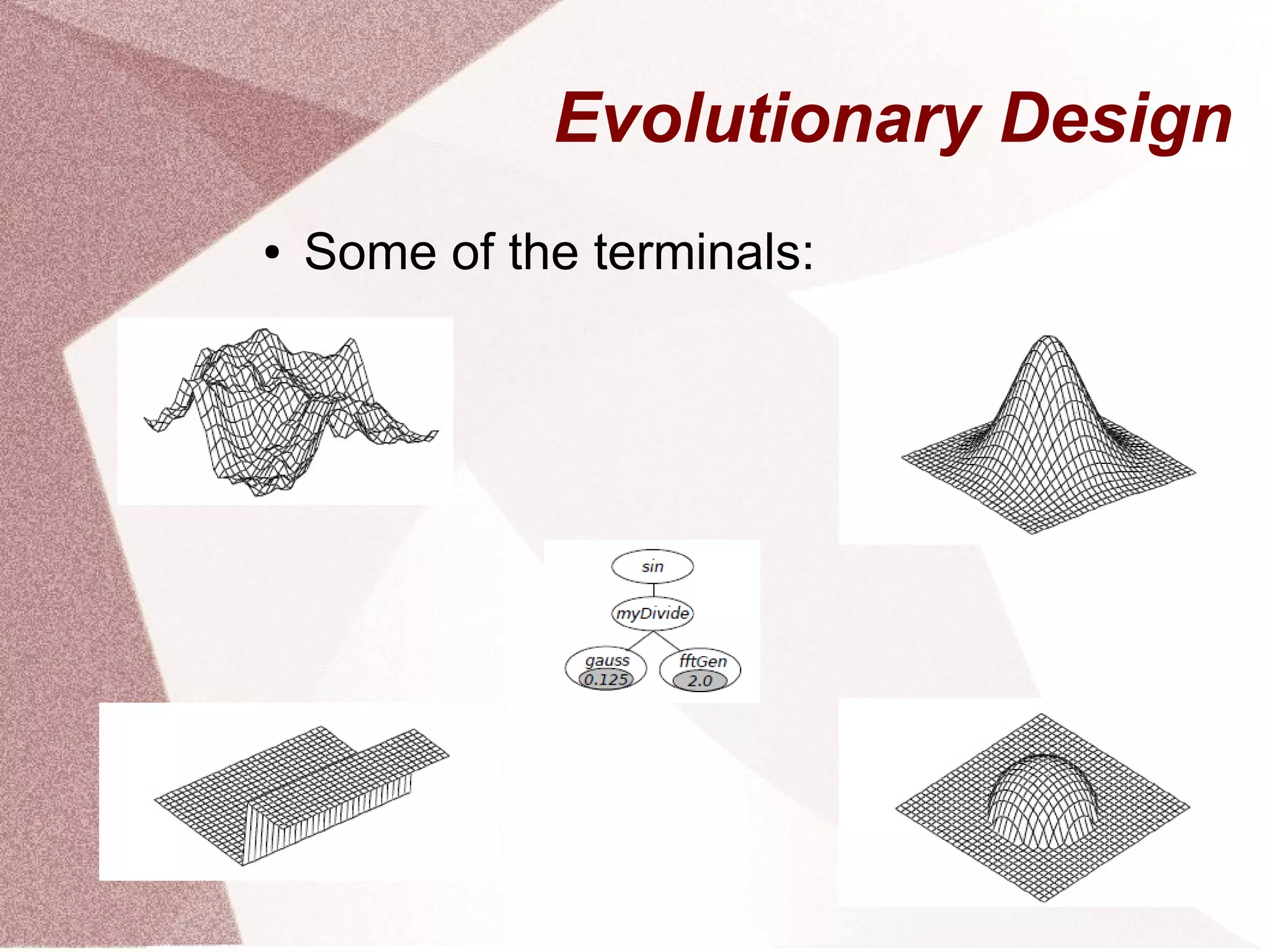 Evolutionary Design
● Some of the terminals:
 