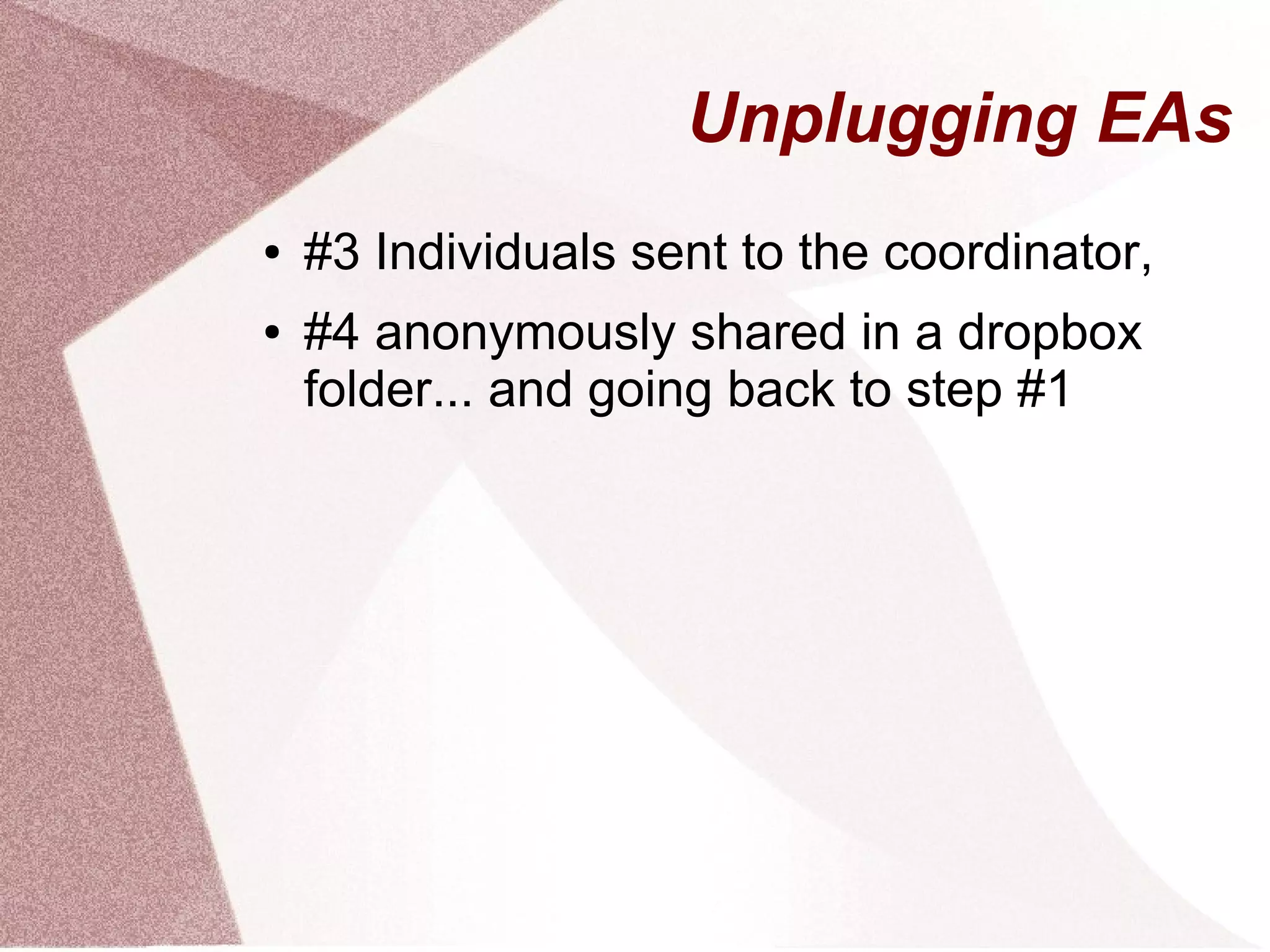 Unplugging EAs
● #3 Individuals sent to the coordinator,
● #4 anonymously shared in a dropbox
folder... and going back to step #1
 