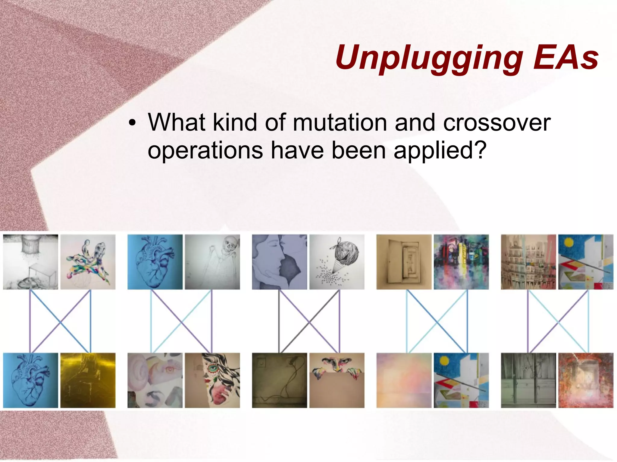 Unplugging EAs
● What kind of mutation and crossover
operations have been applied?
 