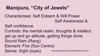 Manipura, “City of Jewels” 
Characterises: Self Esteem & Will Power 
Self Awareness & 
Self confidence 
Controls: the mental realm, thoughts & intellect 
get up and go attitude, getting things done 
Sound Ram (Rang) 
Element: Fire (Sun Centre) 
Sense: Sight (eyes) 
www.spiritualandpersonaldevelopment.com 
 