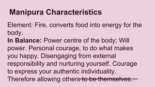 Manipura Characteristics 
Element: Fire, converts food into energy for the 
body. 
In Balance: Power centre of the body; Will 
power. Personal courage, to do what makes 
you happy. Disengaging from external 
responsibility and nurturing yourself. Courage 
to express your authentic individuality. 
Therefore allowing others www.to spiritualandpersonaldevelopment.be themselves. 
com 
 