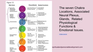 The seven Chakra 
Locations, Associated 
Neural Plexus, 
Glands, Related 
Physiological 
Functions & 
Emotional Issues. 
image source 
www.spiritualandpersonaldevelopment.com 
 