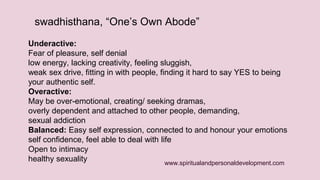 swadhisthana, “One’s Own Abode” 
Underactive: 
Fear of pleasure, self denial 
low energy, lacking creativity, feeling sluggish, 
weak sex drive, fitting in with people, finding it hard to say YES to being 
your authentic self. 
Overactive: 
May be over-emotional, creating/ seeking dramas, 
overly dependent and attached to other people, demanding, 
sexual addiction 
Balanced: Easy self expression, connected to and honour your emotions 
self confidence, feel able to deal with life 
Open to intimacy 
healthy sexuality 
www.spiritualandpersonaldevelopment.com 
 