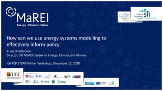 How can we use energy systems modelling to
effectively inform policy
Brian Ó Gallachóir
Director, SFI MaREI Centre for Energy, Climate and Marine
IEA TCP ETSAP Winter Workshop, December 17, 2020
 