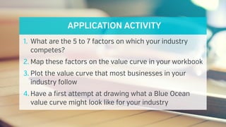 APPLICATION ACTIVITY
1. What are the 5 to 7 factors on which your industry
competes? 
2. Map these factors on the value curve in your workbook 
3. Plot the value curve that most businesses in your
industry follow 
4. Have a first attempt at drawing what a Blue Ocean
value curve might look like for your industry
 
