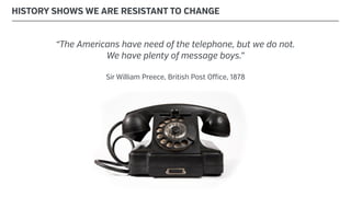 “The Americans have need of the telephone, but we do not.
We have plenty of message boys.”
Sir William Preece, British Post Office, 1878
HISTORY SHOWS WE ARE RESISTANT TO CHANGE
 
