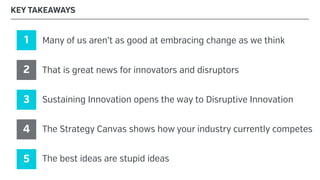 KEY TAKEAWAYS
1 Many of us aren’t as good at embracing change as we think
2 That is great news for innovators and disruptors
3 Sustaining Innovation opens the way to Disruptive Innovation
4 The Strategy Canvas shows how your industry currently competes
5 The best ideas are stupid ideas
 