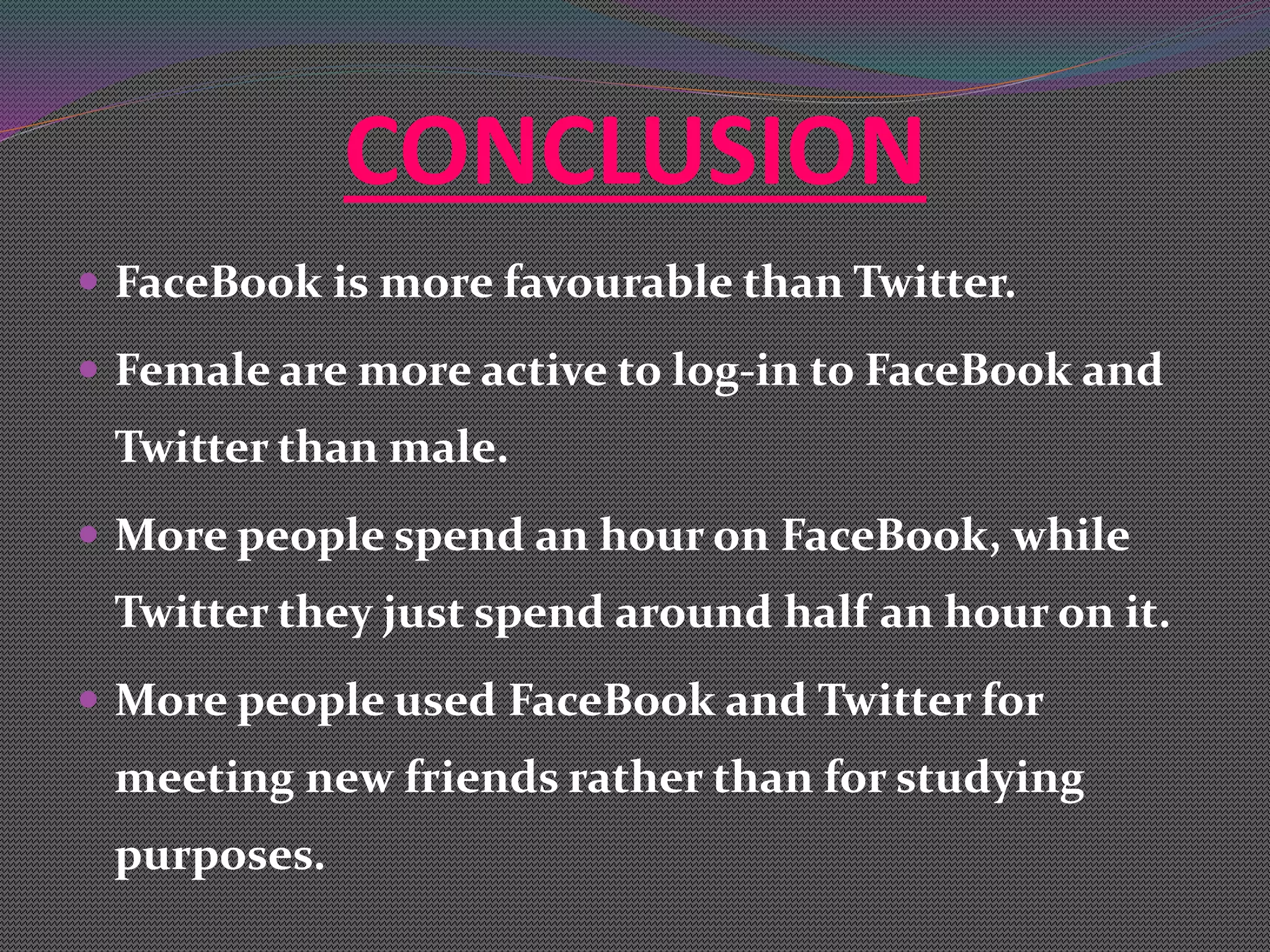 CONCLUSION
 FaceBook is more favourable than Twitter.
 Female are more active to log-in to FaceBook and
Twitter than male.
 More people spend an hour on FaceBook, while
Twitter they just spend around half an hour on it.
 More people used FaceBook and Twitter for
meeting new friends rather than for studying
purposes.
 