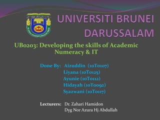UB0203: Developing the skills of Academic
Numeracy & IT
Done By: Aizuddin (10T0107)
Liyana (10T0125)
Ayunie (10T0112)
Hidayah (10T0092)
Syazwani (10T0117)
Lecturers: Dr. Zahari Hamidon
Dyg Nor Azura Hj Abdullah
 