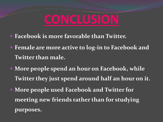 CONCLUSION
 Facebook is more favorable than Twitter.
 Female are more active to log-in to Facebook and
Twitter than male.
 More people spend an hour on Facebook, while
Twitter they just spend around half an hour on it.
 More people used Facebook and Twitter for
meeting new friends rather than for studying
purposes.
 