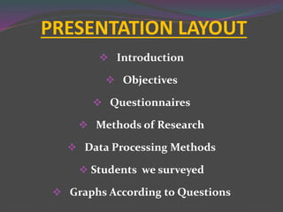 PRESENTATION LAYOUT
 Introduction
 Objectives
 Questionnaires
 Methods of Research
 Data Processing Methods
 Students we surveyed
 Graphs According to Questions
 