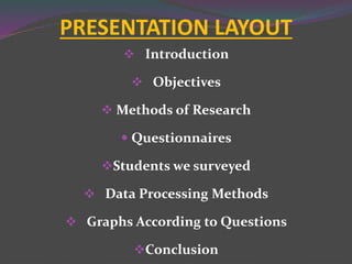 PRESENTATION LAYOUT
 Introduction
 Objectives
 Methods of Research
 Questionnaires
Students we surveyed
 Data Processing Methods
 Graphs According to Questions
Conclusion
 