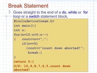 Break Statement
 Goes straight to the end of a do, while or for
loop or a switch statement block,
https://www.facebook.com/AniLK0
221
#include<iostream.h>
int main(){
int n;
for(n=10;n>0;n--)
{ cout<<n<<“,”;
if(n==5)
{cout<<“count down aborted!”;
break;}
}
return 0;}
O/P: 10,9,8,7,6,5,count down
aborted!
 
