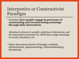 Interpretive or Constructivist
Paradigm
◦ Examines how people engage in processes of
constructing and reconstructing meanings
through daily interactions.
◦ Attention is drawn to people’s patterns of interaction and
the interpretive processes by which they assign meanings
to events, situations, etc.
◦ Major theoretical schools of thought: symbolic
interactionism, phenomenology, ethnomethodology,
dramaturgy.
 