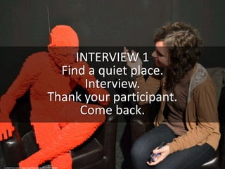 INTERVIEW 1
Find a quiet place.
Interview.
Thank your participant.
Come back.
cc: Matt From London - https://www.flickr.com/photos/57868312@N00
 
