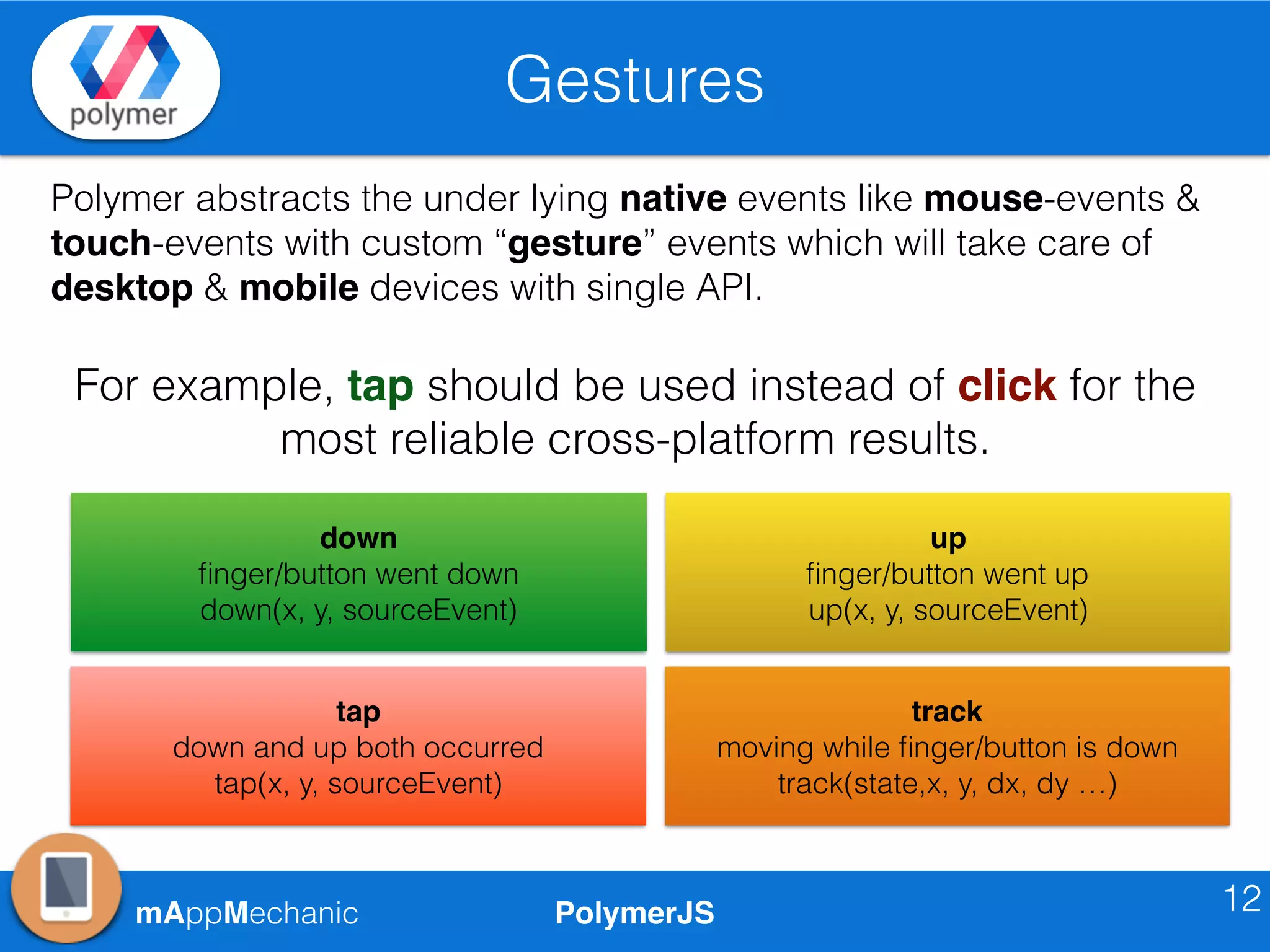 PolymerJSmAppMechanic
Gestures
12
Polymer abstracts the under lying native events like mouse-events &
touch-events with custom “gesture” events which will take care of
desktop & mobile devices with single API.
For example, tap should be used instead of click for the
most reliable cross-platform results.
down
ﬁnger/button went down
down(x, y, sourceEvent)
up
ﬁnger/button went up
up(x, y, sourceEvent)
tap
down and up both occurred
tap(x, y, sourceEvent)
track
moving while ﬁnger/button is down
track(state,x, y, dx, dy …)
 