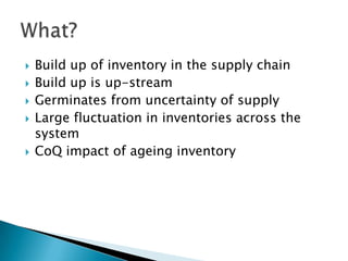 
Build up of inventory in the supply chain
Build up is up-stream
Germinates from uncertainty of supply
Large fluctuation in inventories across the
system
CoQ impact of ageing inventory