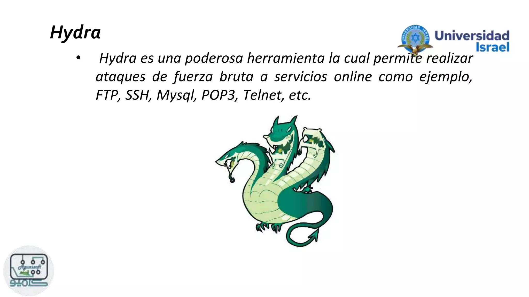 Hydra
• Hydra es una poderosa herramienta la cual permite realizar
ataques de fuerza bruta a servicios online como ejemplo,
FTP, SSH, Mysql, POP3, Telnet, etc.
 