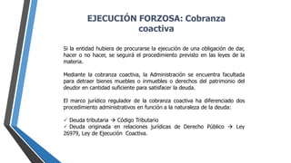 Si la entidad hubiera de procurarse la ejecución de una obligación de dar,
hacer o no hacer, se seguirá el procedimiento previsto en las leyes de la
materia.
Mediante la cobranza coactiva, la Administración se encuentra facultada
para detraer bienes muebles o inmuebles o derechos del patrimonio del
deudor en cantidad suficiente para satisfacer la deuda.
El marco jurídico regulador de la cobranza coactiva ha diferenciado dos
procedimiento administrativos en función a la naturaleza de la deuda:
 Deuda tributaria  Código Tributario
 Deuda originada en relaciones jurídicas de Derecho Público  Ley
26979, Ley de Ejecución Coactiva.
EJECUCIÓN FORZOSA: Cobranza
coactiva
 