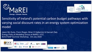 Sensitivity of Ireland’s potential carbon budget pathways with
varying social discount rates in an energy system optimization
model
Jason Mc Guire, Fionn Rogan, Brian O Gallachóir & Hannah Daly
Energy Policy & Modelling Group at MaREI, UCC
IEA ETSAP Summer Workshop, 3rd July 2020
 
