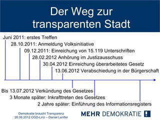 Der Weg zur
                 transparenten Stadt
Juni 2011: erstes Treffen
   28.10.2011: Anmeldung Volksinitiative
         09.12.2011: Einreichung von 15.119 Unterschriften
             28.02.2012 Anhörung im Justizausschuss
                  30.04.2012 Einreichung überarbeitetes Gesetz
                        13.06.2012 Verabschiedung in der Bürgerschaft



Bis 13.07.2012 Verkündung des Gesetzes
    3 Monate später: Inkrafttreten des Gesetzes
                2 Jahre später: Einführung des Informationsregisters
       Demokratie braucht Transparenz
     26.06.2012 OGD-Linz – Daniel Lentfer
 