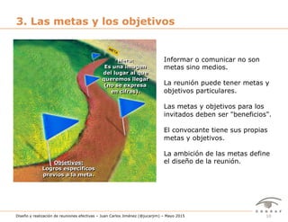 10Diseño y realización de reuniones efectivas – Juan Carlos Jiménez (@jucarjim) – Mayo 2015
3. Las metas y los objetivos
Meta:
Es una imagen
del lugar al que
queremos llegar
(no se expresa
en cifras).
Meta:
Es una imagen
del lugar al que
queremos llegar
(no se expresa
en cifras).
Objetivos:
Logros específicos
previos a la meta.
Informar o comunicar no son
metas sino medios.
La reunión puede tener metas y
objetivos particulares.
Las metas y objetivos para los
invitados deben ser "beneficios".
El convocante tiene sus propias
metas y objetivos.
La ambición de las metas define
el diseño de la reunión.Objetivos:
Logros específicos
previos a la meta.
 
