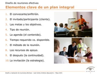7Diseño y realización de reuniones efectivas – Juan Carlos Jiménez (@jucarjim) – Mayo 2015
Elementos clave de un plan integral
Diseño de reuniones efectivas
1.  El convocante/anfitrión.
2.  El invitado/participante (cliente).
3.  Las metas y los objetivos.
4.  Tipo de reunión.
5.  La agenda (el contenido).
6.  Tiempo requerido vs. disponible.
7.  El método de la reunión.
8.  Los recursos de apoyo.
9.  El después (la continuidad).
10. La invitación (la estrategia).
 