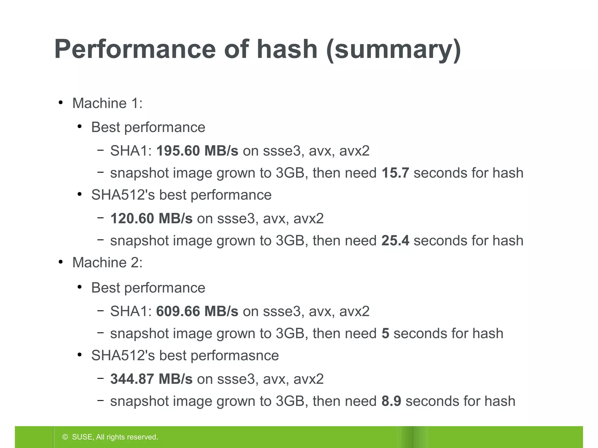 Performance of hash (summary)
●

Machine 1:
●

Best performance
–
–

●

SHA1: 195.60 MB/s on ssse3, avx, avx2
snapshot image grown to 3GB, then need 15.7 seconds for hash

SHA512's best performance
–
–

●

120.60 MB/s on ssse3, avx, avx2
snapshot image grown to 3GB, then need 25.4 seconds for hash

Machine 2:
●

Best performance
–
–

●

SHA1: 609.66 MB/s on ssse3, avx, avx2
snapshot image grown to 3GB, then need 5 seconds for hash

SHA512's best performasnce
–

344.87 MB/s on ssse3, avx, avx2

–

snapshot image grown to 3GB, then need 8.9 seconds for hash

© SUSE, All rights reserved.

 