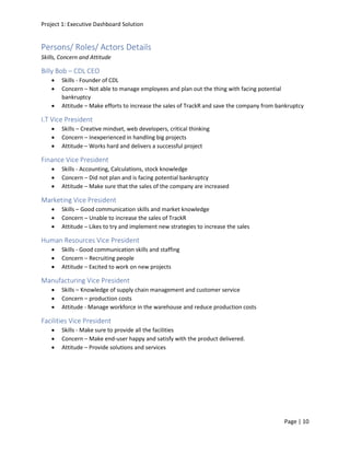 Project 1: Executive Dashboard Solution
Page | 10
Persons/ Roles/ Actors Details
Skills, Concern and Attitude
Billy Bob – CDL CEO
• Skills - Founder of CDL
• Concern – Not able to manage employees and plan out the thing with facing potential
bankruptcy
• Attitude – Make efforts to increase the sales of TrackR and save the company from bankruptcy
I.T Vice President
• Skills – Creative mindset, web developers, critical thinking
• Concern – Inexperienced in handling big projects
• Attitude – Works hard and delivers a successful project
Finance Vice President
• Skills - Accounting, Calculations, stock knowledge
• Concern – Did not plan and is facing potential bankruptcy
• Attitude – Make sure that the sales of the company are increased
Marketing Vice President
• Skills – Good communication skills and market knowledge
• Concern – Unable to increase the sales of TrackR
• Attitude – Likes to try and implement new strategies to increase the sales
Human Resources Vice President
• Skills - Good communication skills and staffing
• Concern – Recruiting people
• Attitude – Excited to work on new projects
Manufacturing Vice President
• Skills – Knowledge of supply chain management and customer service
• Concern – production costs
• Attitude - Manage workforce in the warehouse and reduce production costs
Facilities Vice President
• Skills - Make sure to provide all the facilities
• Concern – Make end-user happy and satisfy with the product delivered.
• Attitude – Provide solutions and services
 