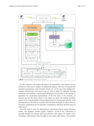 For the collection and intellectual analysis of requirements, open sources on the
Internet are used, such as websites of employment agencies with a list of vacancies and
specialist requirements, social networks, forums, etc. At the same time, polling tech-
nologies, questionnaires and search tools are used to adapt the individual learning
trajectories and synthesize a personalized educational environment for the training of
specialists. For questioning representatives of the real sector of the economy, an
Internet site has also been created in the region for which the training specialist’s
process of the required profile is being implemented. For scanning and selection of job
advertisements on the Internet, a search robot has been developed. It collects informa-
tion about requirements for the specialist’s competencies and forms the final report in
XML format.
The main system’s users are administrators, educational content authors (teachers,
tutors), web designers, trainees, guests, employers. Access to the environment is
provided through the Internet and local networks with support for mobile access
technology. Administrators have the rights to any actions with content. They perform
Fig. 6 The smart learning environment’s architecture
Finogeev et al. Smart Learning Environments (2018) 5:9 Page 11 of 14
 