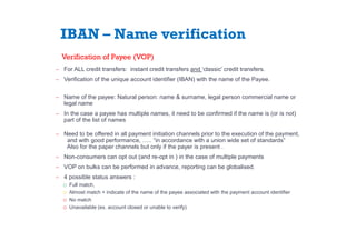 IBAN – Name verification
̶ For ALL credit transfers: instant credit transfers and ‘classic’ credit transfers.
̶ Verificati...