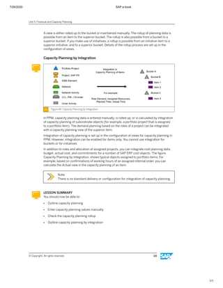 7/26/2020 SAP e-book
1/1
A view is either rolled up to the bucket or maintained manually. The rollup of planning data is
possible from an item to the superior bucket. The rollup is also possible from a bucket to a
superior bucket. If you make use of initiatives, a rollup is possible from an initiative item to a
superior initiative, and to a superior bucket. Details of the rollup process are set up in the
conﬁguration of views.
Capacity Planning by Integration
Figure 66: Capacity Planning by Integration
In PPM, capacity planning data is entered manually, is rolled up, or is calculated by integration
of capacity planning of subordinate objects (for example, a portfolio project that is assigned
to a portfolio item). The demand planning based on the roles of a project can be integrated
with a capacity planning view of the superior item.
Integration of capacity planning is set up in the conﬁguration of views for capacity planning in
PPM. However, integration can be enabled for items only. You cannot use integration for
buckets or for initiatives.
In addition to roles and allocation of assigned projects, you can integrate cost planning data,
budget, actual cost, and commitments for a number of SAP ERP cost objects. The ﬁgure,
Capacity Planning by Integration, shows typical objects assigned to portfolio items. For
example, based on conﬁrmations of working hours of an assigned internal order, you can
calculate the Actual view in the capacity planning of an item.
Note:
There is no standard delivery or conﬁguration for integration of capacity planning.
LESSON SUMMARY
You should now be able to:
● Outline capacity planning
● Enter capacity planning values manually
● Check the capacity planning rollup
● Outline capacity planning by integration
Unit 5: Financial and Capacity Planning
© Copyright. All rights reserved. 116
 