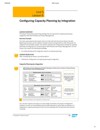 7/26/2020 SAP e-book
1/1
Unit 5
Lesson 6
Conﬁguring Capacity Planning by Integration
LESSON OVERVIEW
This lesson shows the Customizing settings that are required for capacity planning by
integration with SAP Portfolio and Project Management.
Business Example
You have used capacity planning for items to enter planned and actual values manually.
Beginning next year, you are asked to analyze resource assignments as well. Resources are
assigned to the portfolio project. You want to maintain the conﬁguration settings for capacity
planning and integration in Customizing for SAP Portfolio and Project Management. For this
reason, you require the following knowledge:
● An understanding of the integration options of capacity planning
LESSON OBJECTIVES
After completing this lesson, you will be able to:
● Outline the conﬁguration of capacity planning by integration
Capacity Planning by Integration
Figure 69: Settings for the Integration of Capacity Data
You can plan capacity manually in an early stage of portfolio and project management.
However, as soon as more detailed resource planning data or actual data is available, it is
integrated in capacity planning so that it can be evaluated with the data that was entered
manually.
© Copyright. All rights reserved. 120
 