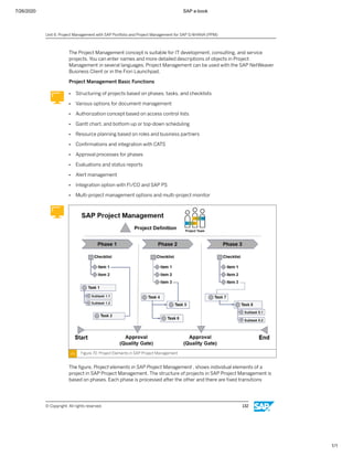 7/26/2020 SAP e-book
1/1
The Project Management concept is suitable for IT development, consulting, and service
projects. You can enter names and more detailed descriptions of objects in Project
Management in several languages. Project Management can be used with the SAP NetWeaver
Business Client or in the Fiori Launchpad.
Project Management Basic Functions
● Structuring of projects based on phases, tasks, and checklists
● Various options for document management
● Authorization concept based on access control lists
● Gantt chart, and bottom-up or top-down scheduling
● Resource planning based on roles and business partners
● Conﬁrmations and integration with CATS
● Approval processes for phases
● Evaluations and status reports
● Alert management
● Integration option with FI/CO and SAP PS
● Multi-project management options and multi-project monitor
Figure 70: Project Elements in SAP Project Management
The ﬁgure, Project elements in SAP Project Management , shows individual elements of a
project in SAP Project Management. The structure of projects in SAP Project Management is
based on phases. Each phase is processed after the other and there are ﬁxed transitions
Unit 6: Project Management with SAP Portfolio and Project Management for SAP S/4HANA (PPM)
© Copyright. All rights reserved. 132
 