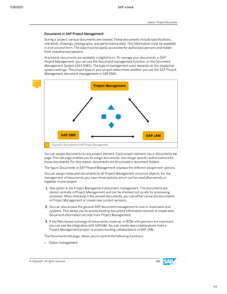 7/26/2020 SAP e-book
1/1
Documents in SAP Project Management
During a project, various documents are created. These documents include speciﬁcations,
checklists, drawings, photographs, and performance data. This information must be available
in a structured form. The data must be easily accessible for authorized persons and hidden
from unauthorized persons.
At present, documents are available in digital form. To manage your documents in SAP
Project Management, you can use the document management function, or the Document
Management System (SAP DMS). The type of management used depends on the respective
system settings. The project type of your project determines whether you use the SAP Project
Management document management or SAP DMS.
Figure 81: Documents in SAP Project Management
You can assign documents to any project element. Each project element has a Documents tab
page. This tab page enables you to assign documents, and assign speciﬁc authorizations for
these documents. For this reason, documents are structured in document folders.
The ﬁgure Documents in SAP Project Management displays the diﬀerent assignment options.
You can assign notes and documents to all Project Management structure objects. For the
management of documents, you have three options, which can be used alternatively or
together in one project.
1. One option is the Project Management document management. The documents are
stored centrally in Project Management and can be checked out locally for processing
purposes. When checking in the revised documents, you can either revise old documents
in Project Management or create new content versions.
2. You can also access the general SAP document management in one or more back-end
systems. This allows you to access existing document information records or create new
document information records from Project Management.
3. If the Web-based exchange of documents, material, or BOM with partners are important,
you can use the integration with SAPJAM. You can create new collaborations from a
Project Management project or access existing collaborations in SAP JAM.
The Documents tab page, allows you to control the following functions:
● Status management
Lesson: Project Structures
© Copyright. All rights reserved. 151
 
