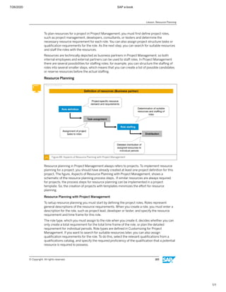 7/26/2020 SAP e-book
1/1
To plan resources for a project in Project Management, you must ﬁrst deﬁne project roles,
such as project management, developers, consultants, or testers and determine the
necessary resource requirement for each role. You can also assign project structure tasks or
qualiﬁcation requirements for the role. As the next step, you can search for suitable resources
and staﬀ the roles with the resources.
Resources are technically depicted as business partners in Project Management; so both
internal employees and external partners can be used to staﬀ roles. In Project Management
there are several possibilities for staﬃng roles; for example, you can structure the staﬃng of
roles into several smaller steps, which means that you can create a list of possible candidates
or reserve resources before the actual staﬃng.
Resource Planning
Figure 89: Aspects of Resource Planning with Project Management
Resource planning in Project Management always refers to projects. To implement resource
planning for a project, you should have already created at least one project deﬁnition for this
project. The ﬁgure, Aspects of Resource Planning with Project Management, shows a
schematic of the resource planning process steps.. If similar resources are always required
for projects, the process steps for resource planning can be implemented in a project
template. So, the creation of projects with templates minimizes the eﬀort for resource
planning.
Resource Planning with Project Management
To setup resource planning you must start by deﬁning the project roles. Roles represent
general descriptions of the resource requirements. When you create a role, you must enter a
description for the role, such as project lead, developer or tester, and specify the resource
requirement and time frame for this role.
The role type, which you must assign to the role when you create it, decides whether you can
only create a total requirement for the total time frame of the role, or plan the detailed
requirement for individual periods. Role types are deﬁned in Customizing for Project
Management. If you want to search for suitable resources later, you can also assign
qualiﬁcation requirements for the role. To do this, select the relevant qualiﬁcations from a
qualiﬁcations catalog, and specify the required proﬁciency of the qualiﬁcation that a potential
resource is required to possess.
Lesson: Resource Planning
© Copyright. All rights reserved. 165
 