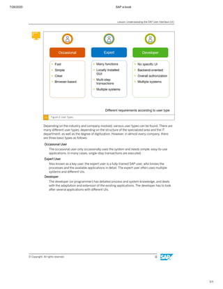 7/26/2020 SAP e-book
1/1
Figure 3: User Types
Depending on the industry and company involved, various user types can be found. There are
many diﬀerent user types, depending on the structure of the specialized area and the IT
department, as well as the degree of digitization. However, in almost every company, there
are three basic types as follows:
Occasional User
The occasional user only occasionally uses the system and needs simple, easy-to-use
applications. In many cases, single-step transactions are executed.
Expert User
Also known as a key user, the expert user is a fully-trained SAP user, who knows the
processes and the available applications in detail. The expert user often uses multiple
systems and diﬀerent UIs.
Developer
The developer (or programmer) has detailed process and system knowledge, and deals
with the adaptation and extension of the existing applications. The developer has to look
after several applications with diﬀerent UIs.
Lesson: Understanding the SAP User Interface (UI)
© Copyright. All rights reserved. 11
 