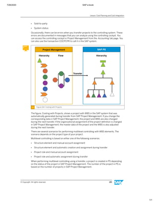 7/26/2020 SAP e-book
1/1
● Sold-to-party
● System status
Occasionally, there can be errors when you transfer projects to the controlling system. These
errors are documented in messages that you can analyze using the controlling cockpit. You
can access the controlling cockpit in Project Management from the Accounting tab page. You
can also use the transaction COCPCPR to call it in the SAP system.
Figure 104: Costing with Projects
The ﬁgure, Costing with Projects, shows a project with WBS in the SAP system that was
automatically generated during transfer from SAP Project Management. If you change the
corresponding data in SAP Project Management, the project and WBS are also changed
during the next transfer. If the organizational assignment of the project deﬁnition is changed
in SAP Project Management, the master data of the project and the WBS is also adjusted
during the next transfer.
There are several scenarios for performing multilevel controlling with WBS elements. The
scenario depends on the project type of your project.
Multilevel controlling is based on either one of the following scenarios:
● Structure element and manual account assignment
● Structure element and automatic creation and assignment during transfer
● Project role and manual account assignment
● Project role and automatic assignment during transfer
When performing multilevel controlling using a transfer, a project is created in PS depending
on the status of the project in SAP Project Management. The number of the project in PS is
based on the number of projects in SAP Project Management.
Lesson: Cost Planning and Cost Integration
© Copyright. All rights reserved. 185
 