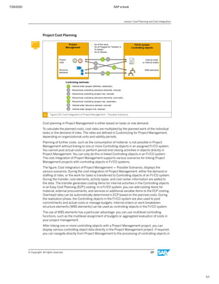 7/26/2020 SAP e-book
1/1
Project Cost Planning
Figure 105: Cost Integration of Project Management – Possible Scenarios
Cost planning in Project Management is either based on tasks or role demand.
To calculate the planned costs, cost rates are multiplied by the planned work of the individual
tasks or the demand of roles. The rates are deﬁned in Customizing for Project Management,
depending on organizational units and validity periods.
Planning of further costs, such as the consumption of material, is not possible in Project
Management without linking to one or more Controlling objects in an assigned FI/CO system.
You cannot post actual costs or perform period-end closing activities in objects directly in
Project Management. You can only do this in linked Controlling objects in an FI/CO system.
The cost integration of Project Management supports various scenarios for linking Project
Management projects with controlling objects in FI/CO systems.
The ﬁgure, Cost Integration of Project Management — Possible Scenarios, displays the
various scenarios. During the cost integration of Project Management, either the demand or
staﬃng of roles, or the work for tasks is transferred to Controlling objects of an FI/CO system.
During the transfer, cost elements, activity types, and cost center information are added to
the data. The transfer generates costing items for internal activities in the Controlling objects
in an Easy Cost Planning (ECP) costing. In a FI/CO system, you can add costing items for
material, external procurements, and services or additional variable items to the ECP costing.
Overhead rates can be automatically determined in ECP based on the planned costs. During
the realization phase, the Controlling objects in the FI/CO system are also used to post
commitments and actual costs or manage budgets. Internal orders or work breakdown
structure elements (WBS elements) can be used as controlling objects in the FI/CO system.
The use of WBS elements has a particular advantage: you can use multilevel controlling
functions, such as the multilevel assignment of budgets or aggregated evaluation of costs in
your project management.
After linking one or more controlling objects with a Project Management project, you can
display various controlling object data directly in the Project Management project. If required,
you can navigate directly from Project Management to the processing of controlling objects in
Lesson: Cost Planning and Cost Integration
© Copyright. All rights reserved. 187
 