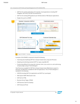 7/26/2020 SAP e-book
1/1
● SAP Fiori for existing applications (for example, cloud applications including SAP
Fieldglass, SAP Ariba, and SAP SuccessFactors)
● SAP Fiori for existing SAP graphical user interface (GUI) or Web Dynpro applications
● Single entry point via NWBC
Figure 10: ENABLE — Example
Examples of the ENABLE component include the following:
● Improving and simplifying SAP GUI or Dynpro-based views using view Personas
● Adapting and extending standard SAP Fiori apps using Web IDE
● Customizing diﬀerent UIs using color schemes, fonts, icons, and so on, and customizing
company logos using UI Theme Designer
View Personas is available for SAP GUI or Dynpro-based views (Web Dynpro support is
planned), and Web IDE is available for SAP UI5 applications. The UI Theme Designer is
available for the following:
● SAPUI5 (including SAP Fiori applications and SAP Fiori Launchpad)
● Web Dynpro ABAP, Web Dynpro Java
● SAP GUI for HTML
● Business Server Pages, HTMLB
● SAP Business Client for Desktop
● SAP Enterprise Portal
Unit 1: Introduction to SAP Portfolio and Project Management for SAP S/4HANA (PPM)
© Copyright. All rights reserved. 16
 