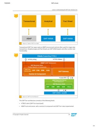 7/26/2020 SAP e-book
1/1
Figure 11: Types of SAP Fiori Apps
Transactional SAP Fiori apps need an ABAP environment and are often used for single-step
transactions. Analytical apps and Fact Sheets are SAP HANA-based, and often contain new
functionality.
Figure 12: SAP Fiori Architecture
The SAP Fiori architecture consists of the following levels:
● HTML5 client (SAP Fiori launchpad)
● ABAP front-end server, with a central UI component and SAP Fiori roles implemented
Lesson: Understanding the SAP User Interface (UI)
© Copyright. All rights reserved. 17
 