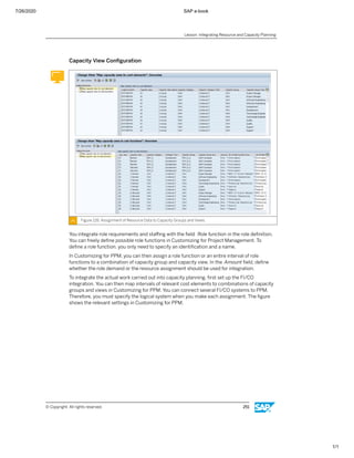 7/26/2020 SAP e-book
1/1
Capacity View Conﬁguration
Figure 126: Assignment of Resource Data to Capacity Groups and Views
You integrate role requirements and staﬃng with the ﬁeld Role function in the role deﬁnition.
You can freely deﬁne possible role functions in Customizing for Project Management. To
deﬁne a role function, you only need to specify an identiﬁcation and a name.
In Customizing for PPM, you can then assign a role function or an entire interval of role
functions to a combination of capacity group and capacity view. In the Amount ﬁeld, deﬁne
whether the role demand or the resource assignment should be used for integration.
To integrate the actual work carried out into capacity planning, ﬁrst set up the FI/CO
integration. You can then map intervals of relevant cost elements to combinations of capacity
groups and views in Customizing for PPM. You can connect several FI/CO systems to PPM.
Therefore, you must specify the logical system when you make each assignment. The ﬁgure
shows the relevant settings in Customizing for PPM.
Lesson: Integrating Resource and Capacity Planning
© Copyright. All rights reserved. 251
 