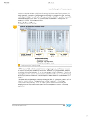 7/26/2020 SAP e-book
1/1
namespace. Specify the RFC connection and the logical system of the FI/CO system in your
object link types. If you want to upload data from diﬀerent FI/CO systems to PPM, you must
create object link types for each system. Finally, activate the object link types that you want to
use for the integration. The object link types that are used for the FI/CO integration are
assigned to the SAP Controlling application.
Settings for Financial Planning
Figure 135: Settings for Financial Planning
In PPM, ﬁnancial data with reference to ﬁnancial categories, groups, and ﬁnancial views can
be entered and evaluated in the ﬁnancial planning. However, accounting data with reference
to cost elements, value types, and CO versions is managed in the FI/CO system. Therefore, a
mapping between the relevant reference data must be deﬁned. You can perform the mapping
according to your requirements in Customizing for PPM with reference to the relevant FI/CO
system.
The ﬁgure, Settings for Financial Planning, displays the table in Customizing in which you can
make the relevant settings. The organizational unit that you specify in the settings
corresponds to the controlling area in the FI/CO system. This is implemented by the
assignment of the organizational unit type COA (controlling area) to the SAP Controlling
application.
Lesson: Conﬁguring the SAP Financials Integration
© Copyright. All rights reserved. 265
 