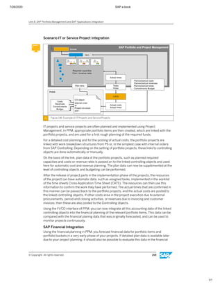 7/26/2020 SAP e-book
1/1
Scenario IT or Service Project Integration
Figure 136: Example of IT Projects and Service Projects
IT projects and service projects are often planned and implemented using Project
Management. In PPM, appropriate portfolio items are then created, which are linked with the
portfolio projects, and are used for a ﬁrst rough planning of the required funds.
For a detailed cost planning and for the posting of actual costs, the portfolio projects are
linked with work breakdown structures from PS or, in the simplest case with internal orders
from SAP Controlling. Depending on the setting of portfolio projects, these links to controlling
objects are done automatically or manually.
On the basis of the link, plan data of the portfolio projects, such as planned required
capacities and costs or revenue rates is passed on to the linked controlling objects and used
here for automatic cost and revenue planning. The plan data can now be supplemented at the
level of controlling objects and budgeting can be performed.
After the release of project parts in the implementation phase of the projects, the resources
of the project can have automatic data, such as assigned tasks, implemented in the worklist
of the time sheets Cross-Application Time Sheet (CATS). The resources can then use this
information to conﬁrm the work they have performed. The actual times that are conﬁrmed in
this manner can be passed back to the portfolio projects, and the actual costs are posted to
the linked controlling objects. If other costs arise in the project execution due to external
procurements, period-end closing activities, or revenues due to invoicing and customer
invoices, then these are also posted to the Controlling objects.
Using the FI/CO interface of PPM, you can now integrate all this accounting data of the linked
controlling objects into the ﬁnancial planning of the relevant portfolio items. This data can be
compared with the ﬁnancial planing data that was originally forecasted, and can be used to
monitor projects continuously.
SAP Financial Integration
Using the ﬁnancial planning in PPM, you forecast ﬁnancial data for portfolio items and
portfolio buckets in a very early phase of your projects. If detailed plan data is available later
due to your project planning, it should also be possible to evaluate this data in the ﬁnancial
Unit 8: SAP Portfolio Management and SAP Applications Integration
© Copyright. All rights reserved. 268
 