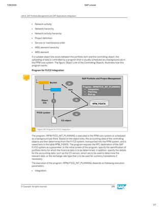 7/26/2020 SAP e-book
1/1
● Network activity
● Network hierarchy
● Network activity hierarchy
● Project deﬁnition
● Service or maintenance order
● WBS element hierarchy
● WBS element
If a suitable object link exists between the portfolio item and the controlling object, the
uploading of data is controlled by a program that is usually scheduled as a background job in
the PPM core system. The ﬁgure, Object Link of the Controlling Objects, illustrates how this
program works.
Program for FI/CO Integration
Figure 138: Program for FI/CO Integration
The program /RPM/FICO_INT_PLANNING is executed in the PPM core system or scheduled
as a background job there. Based on the object links, the accounting data of the controlling
objects are then determined from the FI/CO system, transported into the PPM system, and is
saved here in the table RPM_FIDATA. The program requires the RFC destination of the SAP
FI/CO system as a parameter. In the initial screen of the program, specify the identiﬁcation of
portfolio items for which the ﬁnancial data is to be determined. In addition, specify the details
for the accounting data, such as the CO version, which are to be used to determine the
relevant data, or the exchange rate type that is to be used for currency translations if
necessary.
The execution of the program /RPM/FICO_INT_PLANNING depends on following execution
parameters:
● Integration
Unit 8: SAP Portfolio Management and SAP Applications Integration
© Copyright. All rights reserved. 270
 