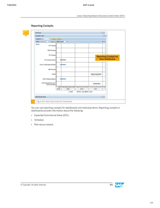 7/26/2020 SAP e-book
1/1
Reporting Cockpits
Figure 152: Reporting Cockpit for Dashboards
You can use reporting cockpits for dashboards and individual items. Reporting cockpits in
dashboards provide information about the following:
● Expected Commercial Value (ECV)
● Schedule
● Risk versus reward
Lesson: Reporting Based on Business Context Viewer (BCV)
© Copyright. All rights reserved. 301
 