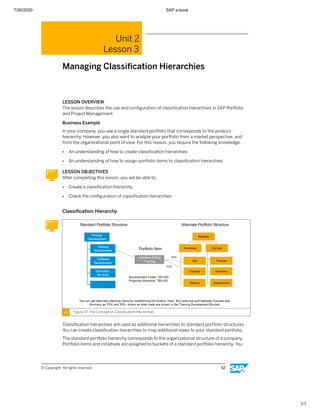 7/26/2020 SAP e-book
1/1
Unit 2
Lesson 3
Managing Classiﬁcation Hierarchies
LESSON OVERVIEW
The lesson describes the use and conﬁguration of classiﬁcation hierarchies in SAP Portfolio
and Project Management.
Business Example
In your company, you use a single standard portfolio that corresponds to the product
hierarchy. However, you also want to analyze your portfolio from a market perspective, and
from the organizational point of view. For this reason, you require the following knowledge:
● An understanding of how to create classiﬁcation hierarchies
● An understanding of how to assign portfolio items to classiﬁcation hierarchies
LESSON OBJECTIVES
After completing this lesson, you will be able to:
● Create a classiﬁcation hierarchy
● Check the conﬁguration of classiﬁcation hierarchies
Classiﬁcation Hierarchy
Figure 37: The Concept of Classiﬁcation Hierarchies
Classiﬁcation hierarchies are used as additional hierarchies to standard portfolio structures.
You can create classiﬁcation hierarchies to map additional views to your standard portfolio.
The standard portfolio hierarchy corresponds to the organizational structure of a company.
Portfolio items and initiatives are assigned to buckets of a standard portfolio hierarchy. You
© Copyright. All rights reserved. 52
 