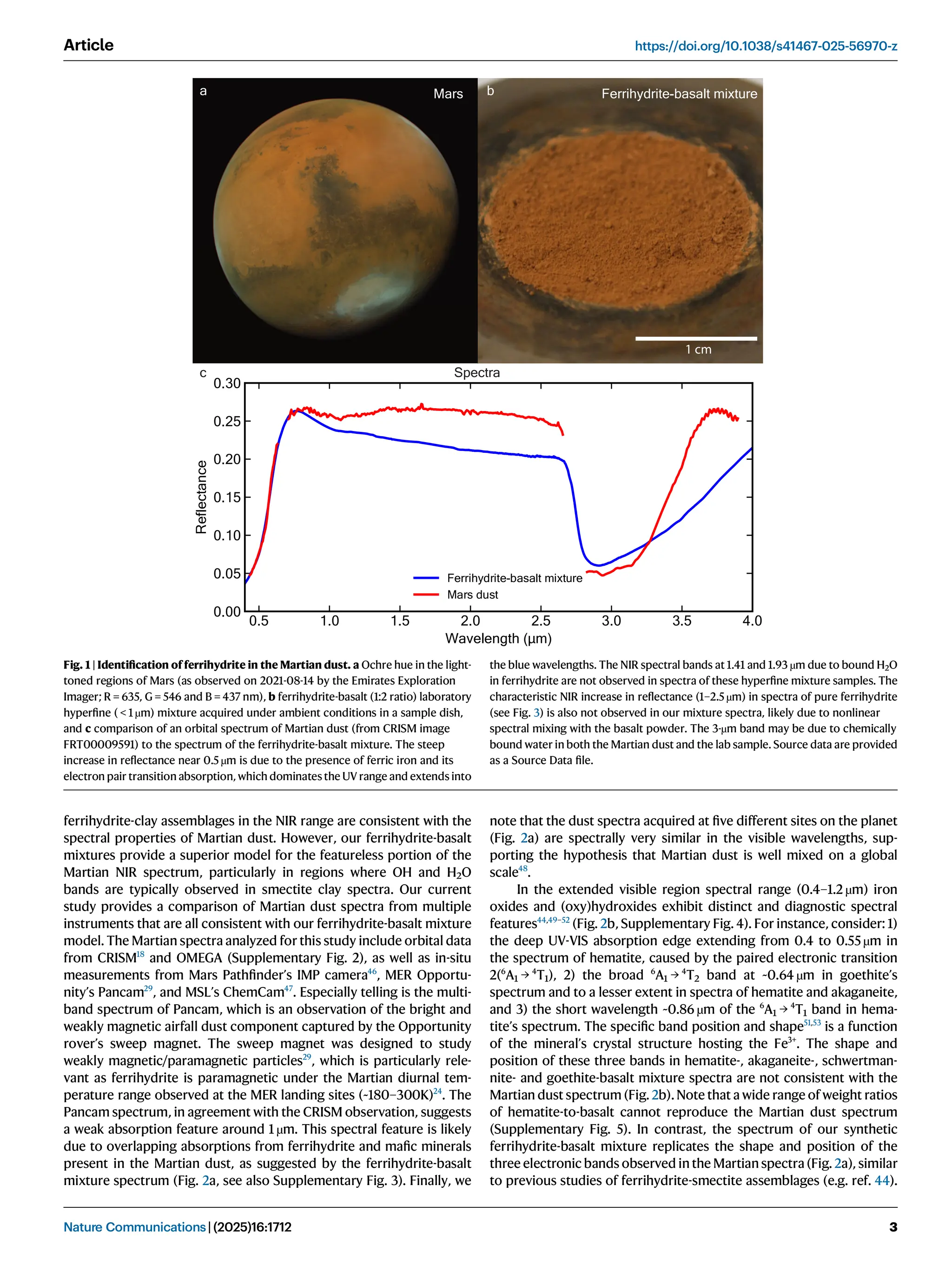 ferrihydrite-clay assemblages in the NIR range are consistent with the
spectral properties of Martian dust. However, our ferrihydrite-basalt
mixtures provide a superior model for the featureless portion of the
Martian NIR spectrum, particularly in regions where OH and H2O
bands are typically observed in smectite clay spectra. Our current
study provides a comparison of Martian dust spectra from multiple
instruments that are all consistent with our ferrihydrite-basalt mixture
model. The Martian spectra analyzed for this study include orbital data
from CRISM18
and OMEGA (Supplementary Fig. 2), as well as in-situ
measurements from Mars Pathﬁnder’s IMP camera46
, MER Opportu-
nity’s Pancam29
, and MSL’s ChemCam47
. Especially telling is the multi-
band spectrum of Pancam, which is an observation of the bright and
weakly magnetic airfall dust component captured by the Opportunity
rover’s sweep magnet. The sweep magnet was designed to study
weakly magnetic/paramagnetic particles29
, which is particularly rele-
vant as ferrihydrite is paramagnetic under the Martian diurnal tem-
perature range observed at the MER landing sites (~180–300K)24
. The
Pancam spectrum, in agreement with the CRISM observation, suggests
a weak absorption feature around 1 µm. This spectral feature is likely
due to overlapping absorptions from ferrihydrite and maﬁc minerals
present in the Martian dust, as suggested by the ferrihydrite-basalt
mixture spectrum (Fig. 2a, see also Supplementary Fig. 3). Finally, we
note that the dust spectra acquired at ﬁve different sites on the planet
(Fig. 2a) are spectrally very similar in the visible wavelengths, sup-
porting the hypothesis that Martian dust is well mixed on a global
scale48
.
In the extended visible region spectral range (0.4–1.2 µm) iron
oxides and (oxy)hydroxides exhibit distinct and diagnostic spectral
features44,49–52
(Fig. 2b, Supplementary Fig. 4). For instance, consider: 1)
the deep UV-VIS absorption edge extending from 0.4 to 0.55 µm in
the spectrum of hematite, caused by the paired electronic transition
2(6
A1 → 4
T1), 2) the broad 6
A1 → 4
T2 band at ~0.64 µm in goethite’s
spectrum and to a lesser extent in spectra of hematite and akaganeite,
and 3) the short wavelength ~0.86 µm of the 6
A1 → 4
T1 band in hema-
tite’s spectrum. The speciﬁc band position and shape51,53
is a function
of the mineral’s crystal structure hosting the Fe3+
. The shape and
position of these three bands in hematite-, akaganeite-, schwertman-
nite- and goethite-basalt mixture spectra are not consistent with the
Martian dust spectrum (Fig. 2b).Note that a wide range of weight ratios
of hematite-to-basalt cannot reproduce the Martian dust spectrum
(Supplementary Fig. 5). In contrast, the spectrum of our synthetic
ferrihydrite-basalt mixture replicates the shape and position of the
three electronic bands observed in the Martian spectra (Fig. 2a), similar
to previous studies of ferrihydrite-smectite assemblages (e.g. ref. 44).
Mars Ferrihydrite-basalt mixture
a b
c Spectra
1 cm
Fig. 1 | Identiﬁcation of ferrihydrite in the Martian dust. a Ochre hue in the light-
toned regions of Mars (as observed on 2021-08-14 by the Emirates Exploration
Imager; R = 635, G = 546 and B = 437 nm), b ferrihydrite-basalt (1:2 ratio) laboratory
hyperﬁne ( < 1 µm) mixture acquired under ambient conditions in a sample dish,
and c comparison of an orbital spectrum of Martian dust (from CRISM image
FRT00009591) to the spectrum of the ferrihydrite-basalt mixture. The steep
increase in reﬂectance near 0.5 µm is due to the presence of ferric iron and its
electron pair transition absorption, which dominates the UV range and extends into
the blue wavelengths. The NIR spectral bands at 1.41 and 1.93 µm due to bound H2O
in ferrihydrite are not observed in spectra of these hyperﬁne mixture samples. The
characteristic NIR increase in reﬂectance (1–2.5 µm) in spectra of pure ferrihydrite
(see Fig. 3) is also not observed in our mixture spectra, likely due to nonlinear
spectral mixing with the basalt powder. The 3-µm band may be due to chemically
bound water in both the Martian dust and the lab sample. Source data are provided
as a Source Data ﬁle.
Article https://doi.org/10.1038/s41467-025-56970-z
Nature Communications| (2025)16:1712 3
 