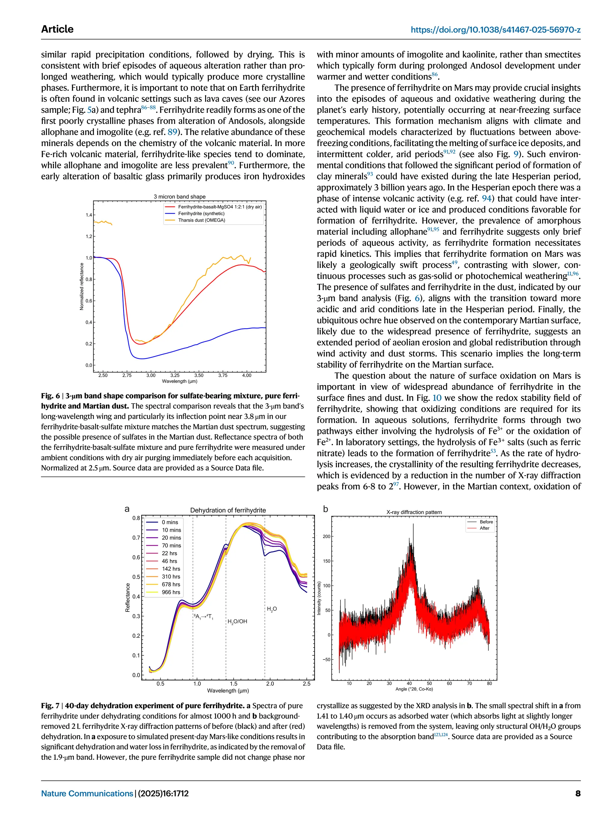 similar rapid precipitation conditions, followed by drying. This is
consistent with brief episodes of aqueous alteration rather than pro-
longed weathering, which would typically produce more crystalline
phases. Furthermore, it is important to note that on Earth ferrihydrite
is often found in volcanic settings such as lava caves (see our Azores
sample; Fig. 5a) and tephra86–88
. Ferrihydrite readily forms as one of the
ﬁrst poorly crystalline phases from alteration of Andosols, alongside
allophane and imogolite (e.g. ref. 89). The relative abundance of these
minerals depends on the chemistry of the volcanic material. In more
Fe-rich volcanic material, ferrihydrite-like species tend to dominate,
while allophane and imogolite are less prevalent90
. Furthermore, the
early alteration of basaltic glass primarily produces iron hydroxides
with minor amounts of imogolite and kaolinite, rather than smectites
which typically form during prolonged Andosol development under
warmer and wetter conditions86
.
The presence of ferrihydrite on Mars may provide crucial insights
into the episodes of aqueous and oxidative weathering during the
planet’s early history, potentially occurring at near-freezing surface
temperatures. This formation mechanism aligns with climate and
geochemical models characterized by ﬂuctuations between above-
freezing conditions, facilitating the melting of surface ice deposits, and
intermittent colder, arid periods91,92
(see also Fig. 9). Such environ-
mental conditions that followed the signiﬁcant period of formation of
clay minerals93
could have existed during the late Hesperian period,
approximately 3 billion years ago. In the Hesperian epoch there was a
phase of intense volcanic activity (e.g. ref. 94) that could have inter-
acted with liquid water or ice and produced conditions favorable for
formation of ferrihydrite. However, the prevalence of amorphous
material including allophane91,95
and ferrihydrite suggests only brief
periods of aqueous activity, as ferrihydrite formation necessitates
rapid kinetics. This implies that ferrihydrite formation on Mars was
likely a geologically swift process49
, contrasting with slower, con-
tinuous processes such as gas-solid or photochemical weathering11,96
.
The presence of sulfates and ferrihydrite in the dust, indicated by our
3-µm band analysis (Fig. 6), aligns with the transition toward more
acidic and arid conditions late in the Hesperian period. Finally, the
ubiquitous ochre hue observed on the contemporary Martian surface,
likely due to the widespread presence of ferrihydrite, suggests an
extended period of aeolian erosion and global redistribution through
wind activity and dust storms. This scenario implies the long-term
stability of ferrihydrite on the Martian surface.
The question about the nature of surface oxidation on Mars is
important in view of widespread abundance of ferrihydrite in the
surface ﬁnes and dust. In Fig. 10 we show the redox stability ﬁeld of
ferrihydrite, showing that oxidizing conditions are required for its
formation. In aqueous solutions, ferrihydrite forms through two
pathways either involving the hydrolysis of Fe3+
or the oxidation of
Fe2+
. In laboratory settings, the hydrolysis of Fe³⁺ salts (such as ferric
nitrate) leads to the formation of ferrihydrite53
. As the rate of hydro-
lysis increases, the crystallinity of the resulting ferrihydrite decreases,
which is evidenced by a reduction in the number of X-ray diffraction
peaks from 6-8 to 297
. However, in the Martian context, oxidation of
Fig. 6 | 3-µm band shape comparison for sulfate-bearing mixture, pure ferri-
hydrite and Martian dust. The spectral comparison reveals that the 3-µm band’s
long-wavelength wing and particularly its inﬂection point near 3.8 µm in our
ferrihydrite-basalt-sulfate mixture matches the Martian dust spectrum, suggesting
the possible presence of sulfates in the Martian dust. Reﬂectance spectra of both
the ferrihydrite-basalt-sulfate mixture and pure ferrihydrite were measured under
ambient conditions with dry air purging immediately before each acquisition.
Normalized at 2.5 µm. Source data are provided as a Source Data ﬁle.
a
H2
O/OH
H2
O
6
A1
→4
T1
b
Fig. 7 | 40-day dehydration experiment of pure ferrihydrite. a Spectra of pure
ferrihydrite under dehydrating conditions for almost 1000 h and b background-
removed 2 L ferrihydrite X-ray diffraction patterns of before (black) and after (red)
dehydration. In a exposure to simulated present-day Mars-like conditions results in
signiﬁcant dehydration and water loss in ferrihydrite, as indicated by the removal of
the 1.9-µm band. However, the pure ferrihydrite sample did not change phase nor
crystallize as suggested by the XRD analysis in b. The small spectral shift in a from
1.41 to 1.40 µm occurs as adsorbed water (which absorbs light at slightly longer
wavelengths) is removed from the system, leaving only structural OH/H2O groups
contributing to the absorption band123,124
. Source data are provided as a Source
Data ﬁle.
Article https://doi.org/10.1038/s41467-025-56970-z
Nature Communications| (2025)16:1712 8
 
