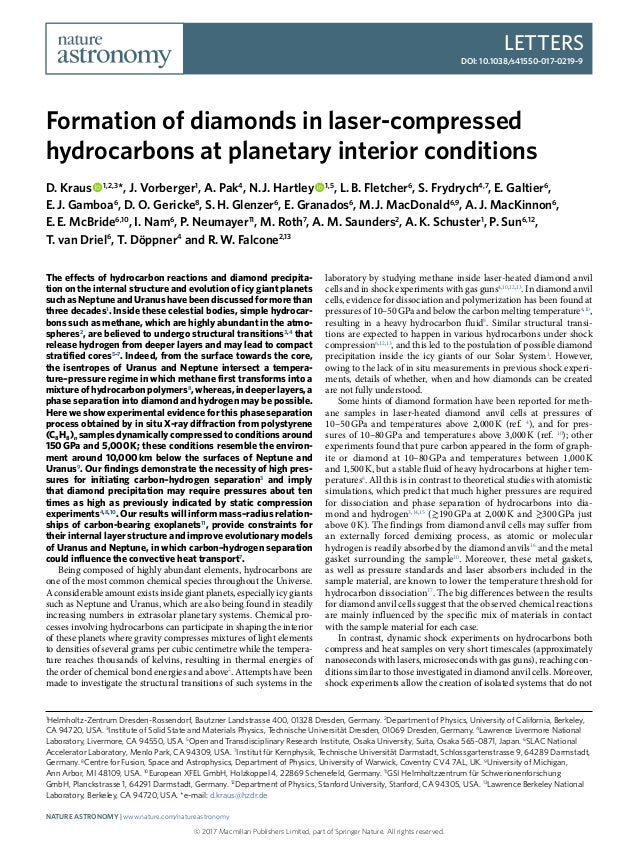 Formation Of Diamonds In Laser Compressed Hydrocarbons At Planetary I Formation Of Diamonds In Laser Compressed Hydrocarbons At Planetary I